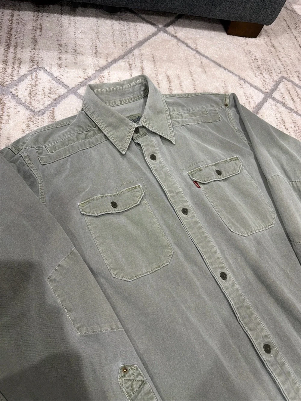 Vintage 90s Levi's Green Canvas Button Down Shirt Green Two Horse Tag Size Large